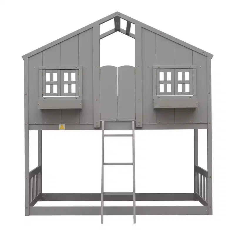 Letto a soppalco a forma di casetta grigio/bianco/bianco e rosa con scala e ringhiere – Singolo, 1 bambino