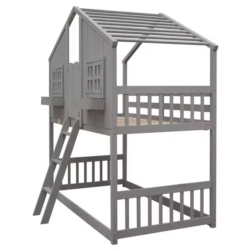 Letto a soppalco a forma di casetta grigio/bianco/bianco e rosa con scala e ringhiere – Singolo, 1 bambino