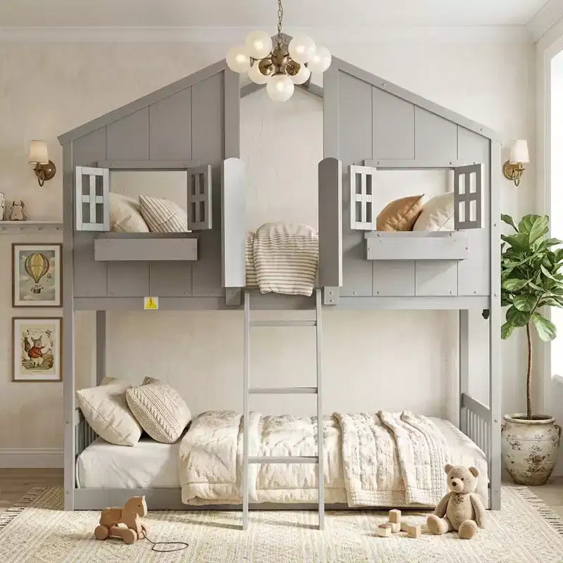Letto a soppalco a forma di casetta grigio/bianco/bianco e rosa con scala e ringhiere – Singolo, 1 bambino
