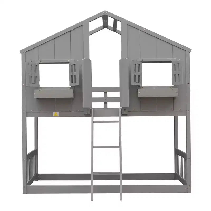 Letto a soppalco a forma di casetta grigio/bianco/bianco e rosa con scala e ringhiere – Singolo, 1 bambino