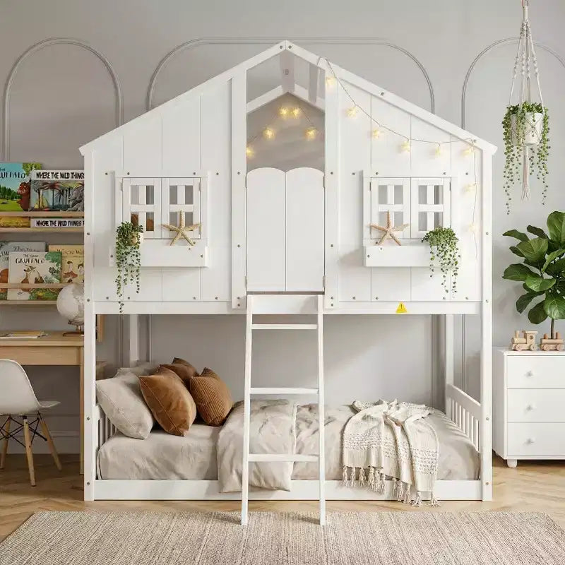 Letto a soppalco a forma di casetta grigio/bianco/bianco e rosa con scala e ringhiere – Singolo, 1 bambino