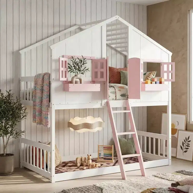 Letto a soppalco a forma di casetta grigio/bianco/bianco e rosa con scala e ringhiere – Singolo, 1 bambino