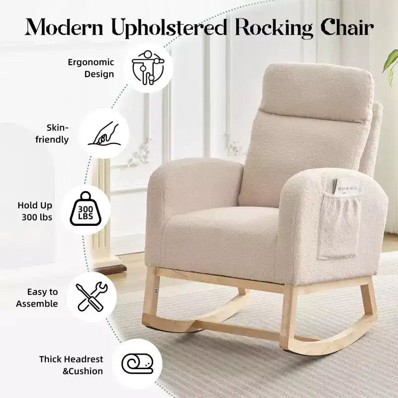 Sedia a dondolo a dondolo con schienale imbottito beige con braccioli – 1 posto