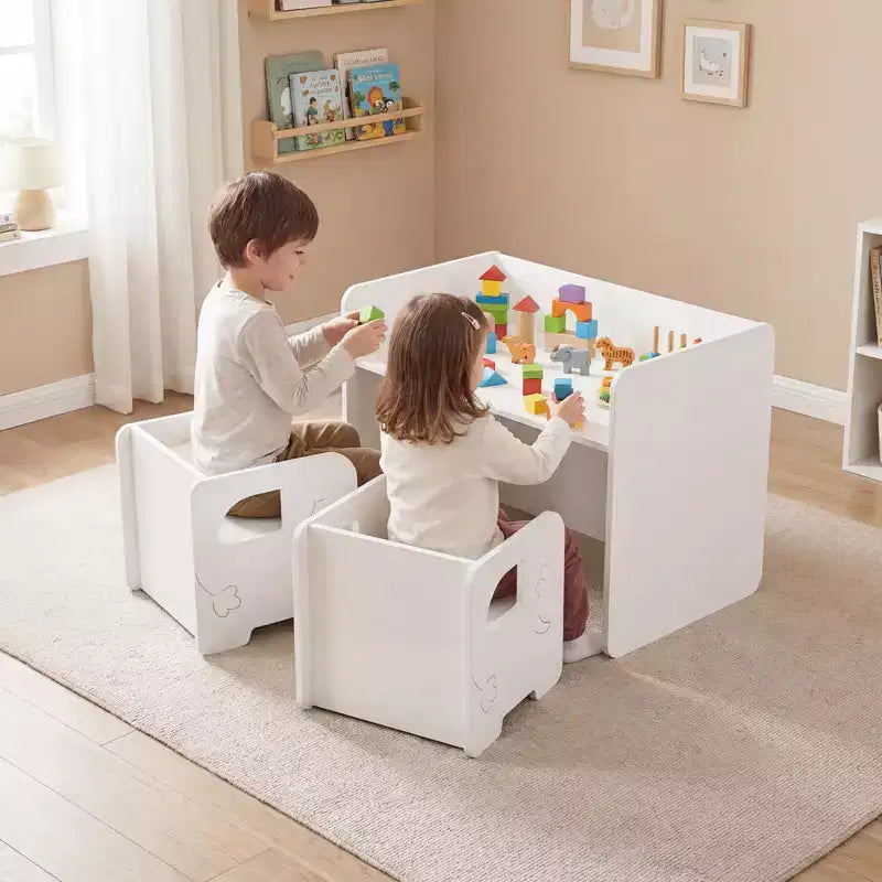 Set tavolo e 2 sedie per bambini, 3 pezzi, bianco/grigio, dai 3 anni in su, 2 posti a sedere