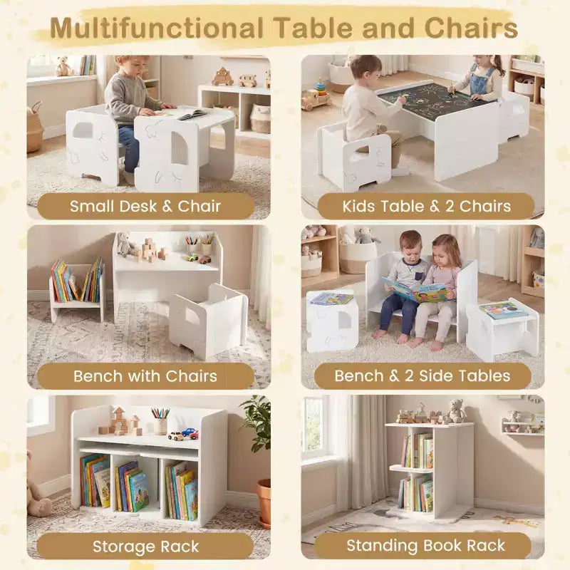 Set tavolo e 2 sedie per bambini, 3 pezzi, bianco/grigio, dai 3 anni in su, 2 posti a sedere