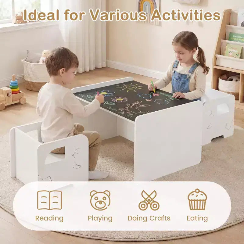 Set tavolo e 2 sedie per bambini, 3 pezzi, bianco/grigio, dai 3 anni in su, 2 posti a sedere