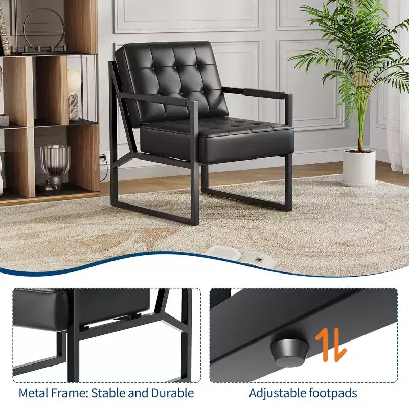 Poltrona di design in pelle PU nera, stile moderno di metà secolo, gambe in metallo – 1 o 2 posti