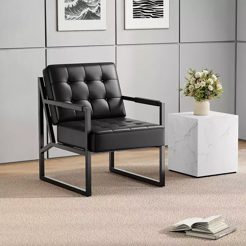 Poltrona di design in pelle PU nera, stile moderno di metà secolo, gambe in metallo – 1 o 2 posti