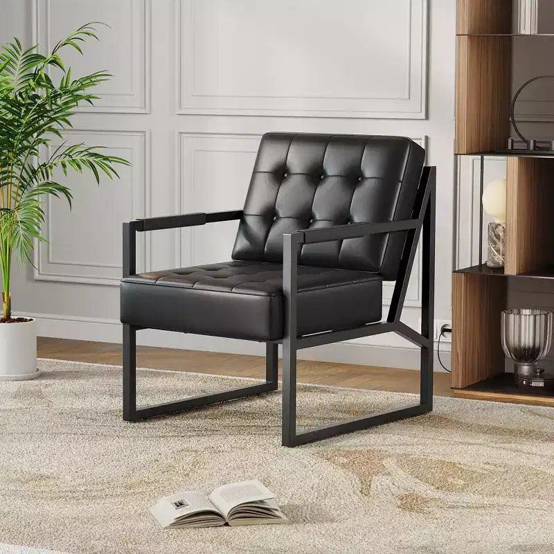 Poltrona di design in pelle PU nera, stile moderno di metà secolo, gambe in metallo – 1 o 2 posti