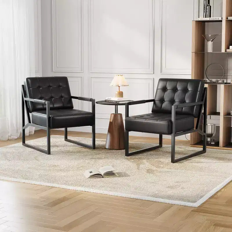 Poltrona di design in pelle PU nera, stile moderno di metà secolo, gambe in metallo – 1 o 2 posti
