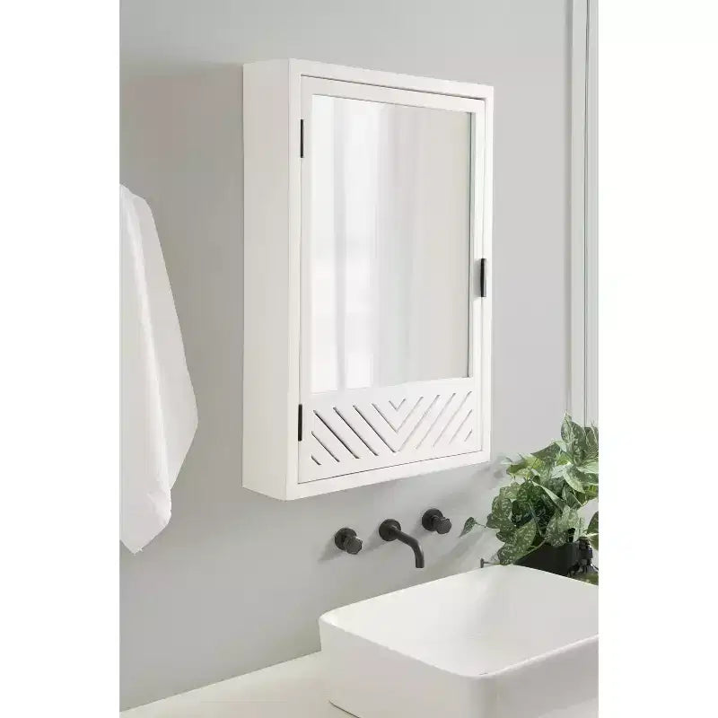 Pensile da parete bianco in legno Chevron con specchio, anta singola, 3 ripiani
