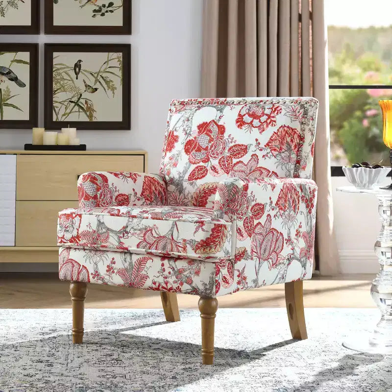 Poltrona con motivo floreale e borchie decorative – Blu / Rosso / Giallo, Posto singolo