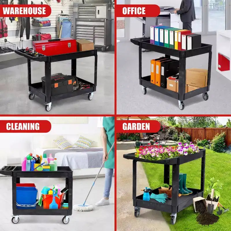 Carrello di servizio multiuso a 2 ripiani con ruote girevoli a 360° e freni, 250 kg, maniglia ergonomica per magazzino/garage/pulizie, 117*63,5 cm