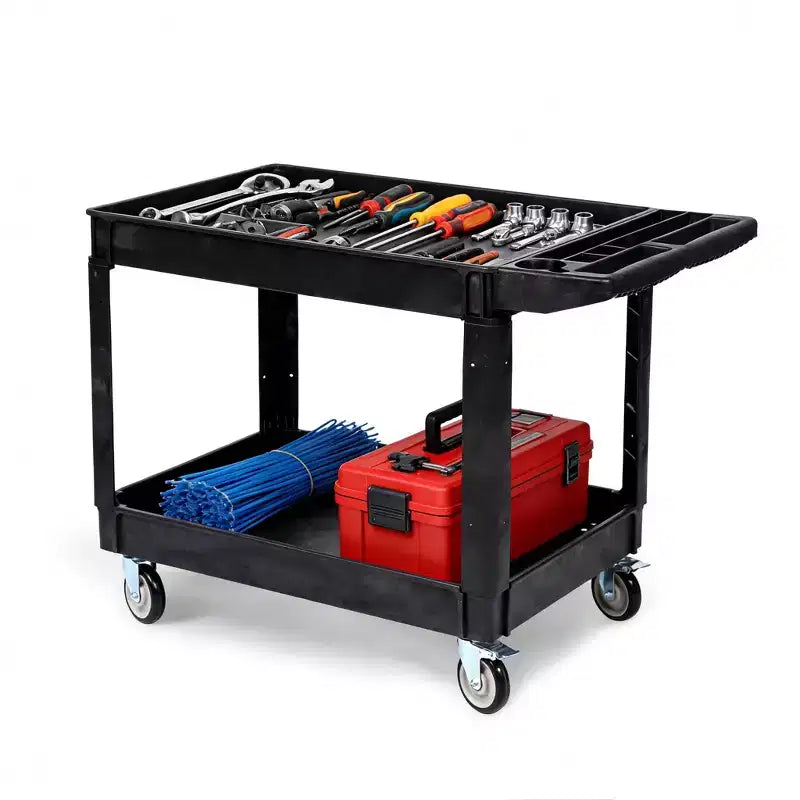 Carrello di servizio multiuso a 2 ripiani con ruote girevoli a 360° e freni, 250 kg, maniglia ergonomica per magazzino/garage/pulizie, 117*63,5 cm
