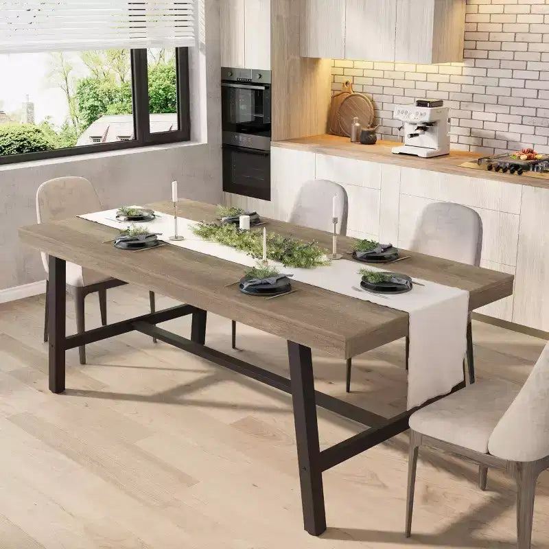 Tavolo da pranzo per 6-8 persone, stile industriale | Noce grigio / Noce / Legno di pero | 180 cm L
