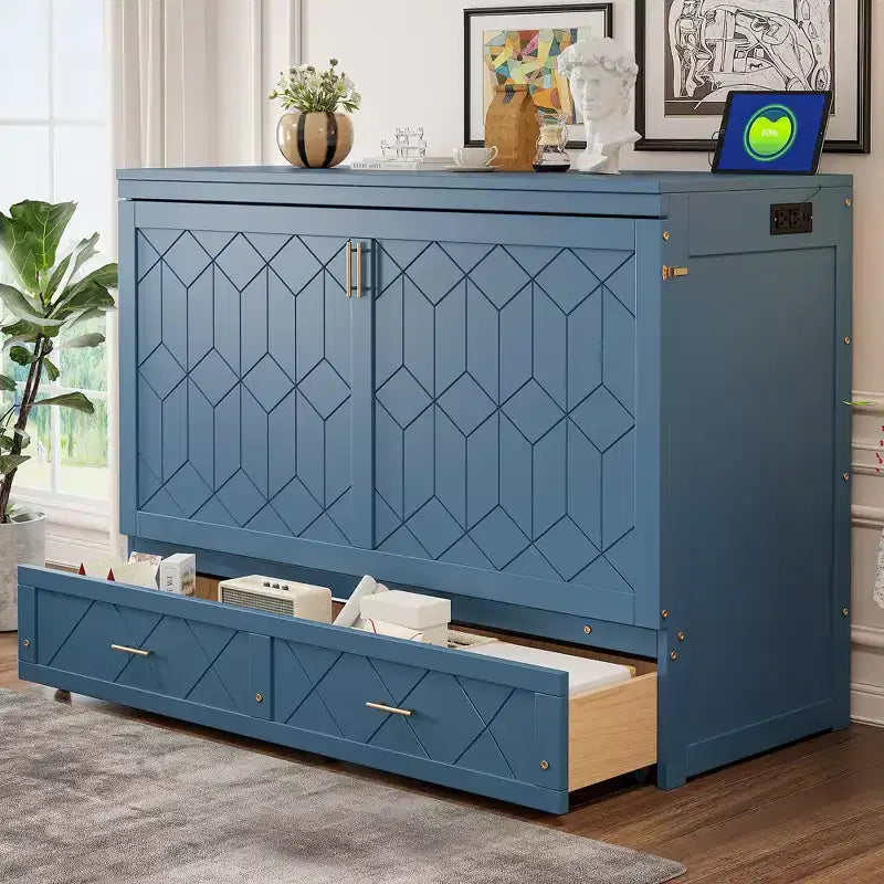 Letto Matrimoniale a Scomparsa Queen Grigio / Blu Marino / Bianco con Cassetto e Stazione di Ricarica