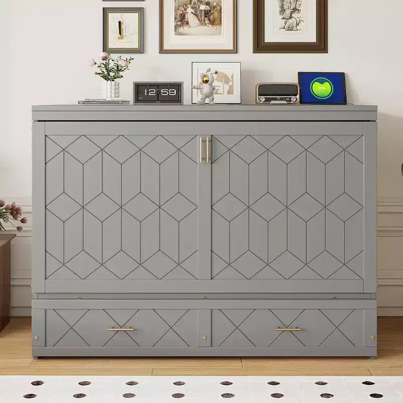 Letto Matrimoniale a Scomparsa Queen Grigio / Blu Marino / Bianco con Cassetto e Stazione di Ricarica