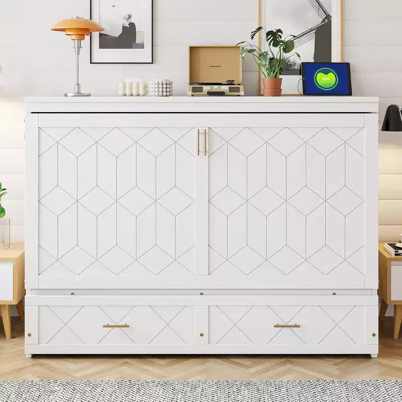 Letto Matrimoniale a Scomparsa Queen Grigio / Blu Marino / Bianco con Cassetto e Stazione di Ricarica