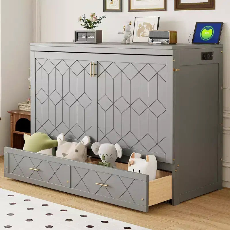 Letto Matrimoniale a Scomparsa Queen Grigio / Blu Marino / Bianco con Cassetto e Stazione di Ricarica