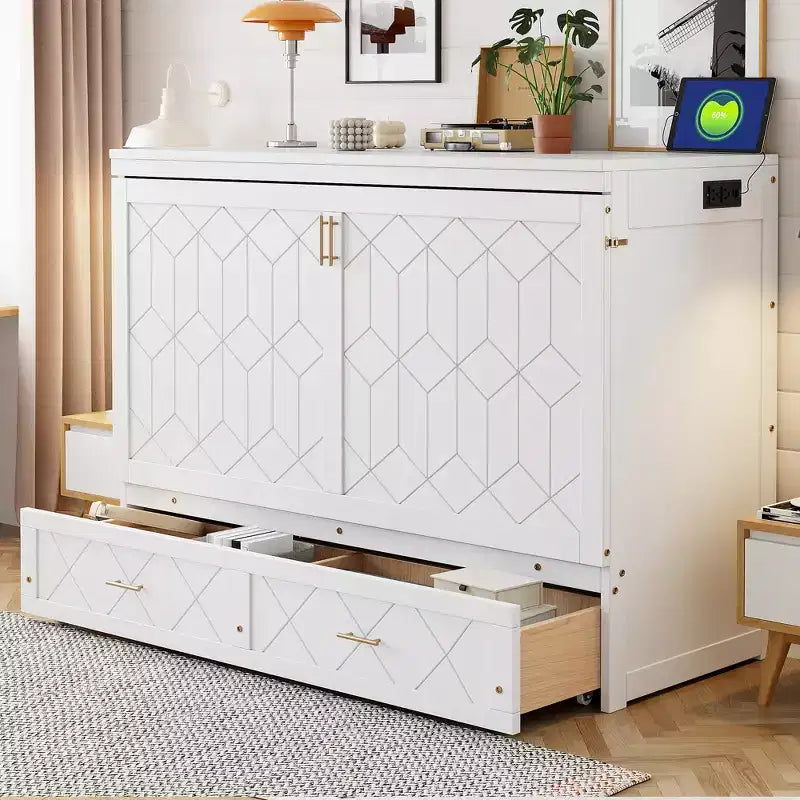 Letto Matrimoniale a Scomparsa Queen Grigio / Blu Marino / Bianco con Cassetto e Stazione di Ricarica