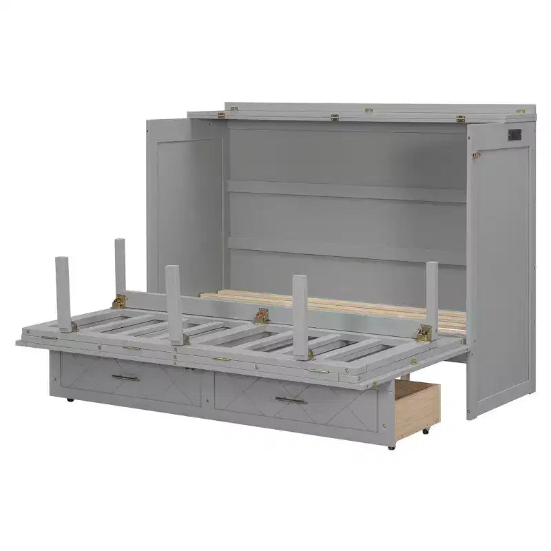 Letto Matrimoniale a Scomparsa Queen Grigio / Blu Marino / Bianco con Cassetto e Stazione di Ricarica