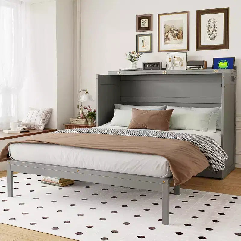 Queen Size Murphy Bed, Foldable Cabinet Bed with Drawer & Charging Station for Bedroom, Living Room - ModernLuxe