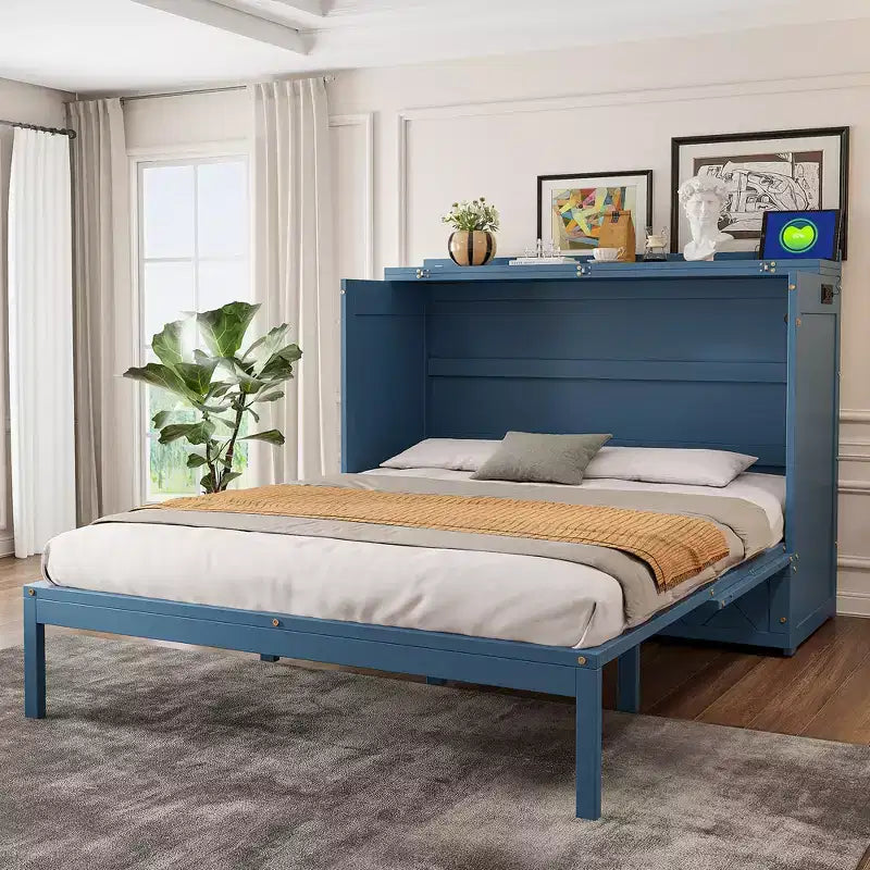 Letto Matrimoniale a Scomparsa Queen Grigio / Blu Marino / Bianco con Cassetto e Stazione di Ricarica