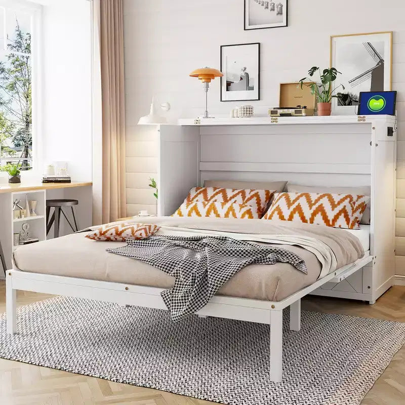Letto Matrimoniale a Scomparsa Queen Grigio / Blu Marino / Bianco con Cassetto e Stazione di Ricarica