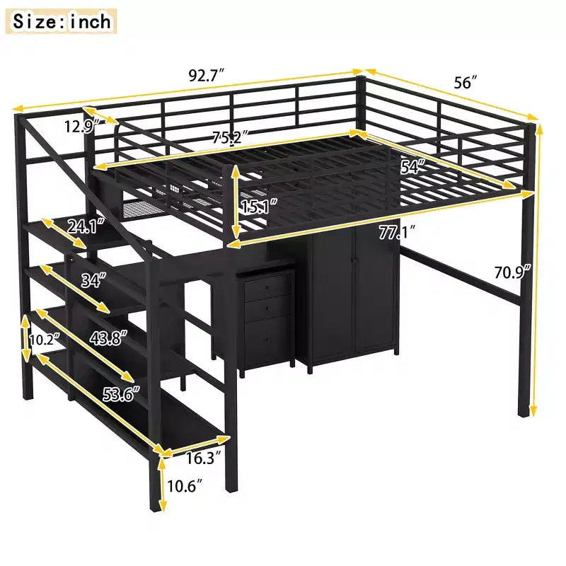 Letto a soppalco singolo nero con scrivania, armadio e mensole