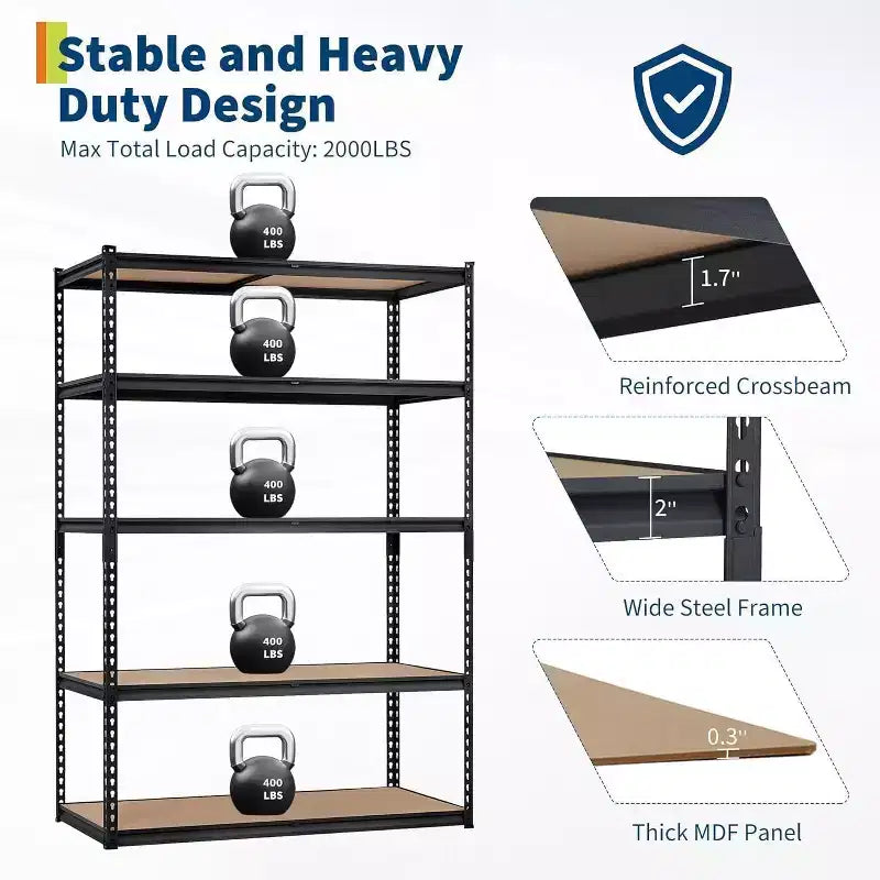 Scaffalatura in Metallo a 5 Ripiani, Nero / Blu, 2000–2500 libbre, Montaggio da 2 Persone