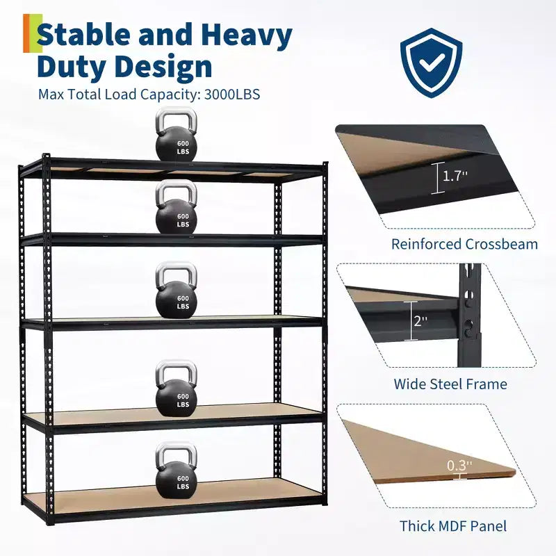 Scaffalatura in Metallo a 5 Ripiani, Nero / Blu, 2000–2500 libbre, Montaggio da 2 Persone