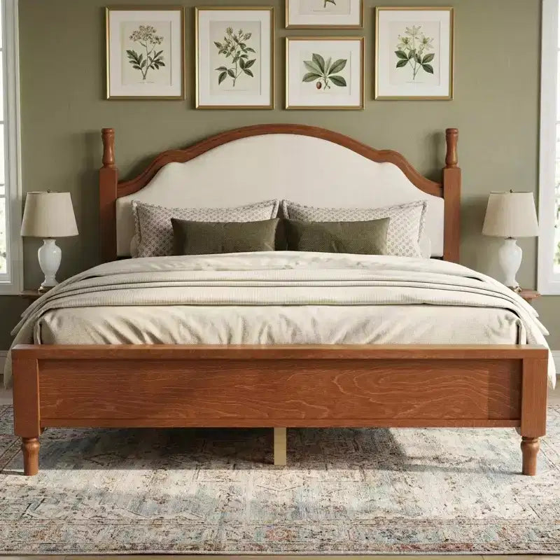 Letto a piattaforma imbottito beige con testiera curva – Queen/King, per 2 persone