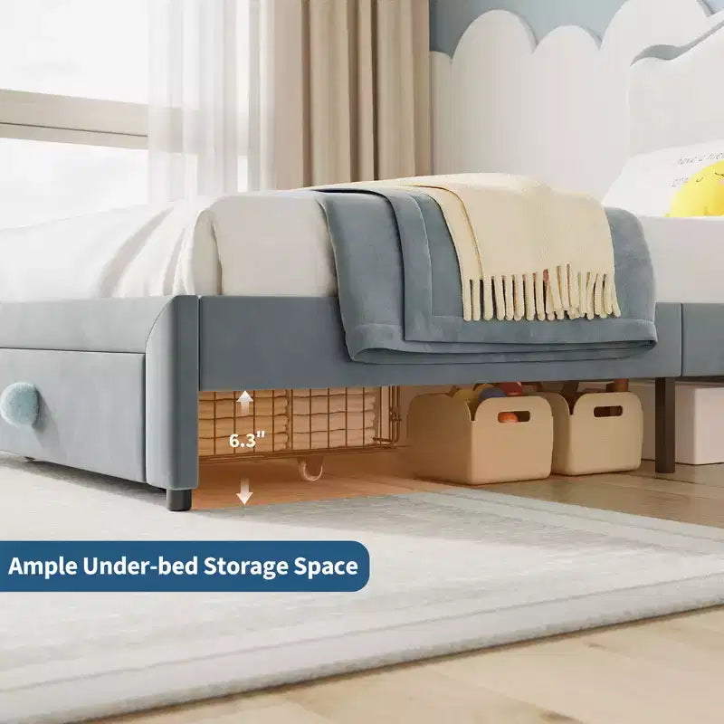 Struttura letto imbottita singola per bambini, beige/blu/rosa, con testiera a conchiglia e cassetto portaoggetti