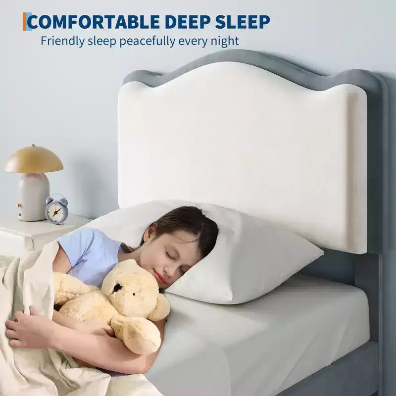 Struttura letto imbottita singola per bambini, beige/blu/rosa, con testiera a conchiglia e cassetto portaoggetti
