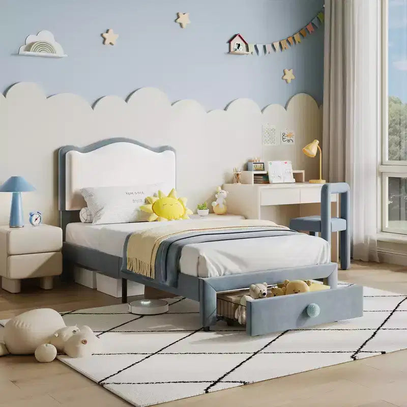 Struttura letto imbottita singola per bambini, beige/blu/rosa, con testiera a conchiglia e cassetto portaoggetti
