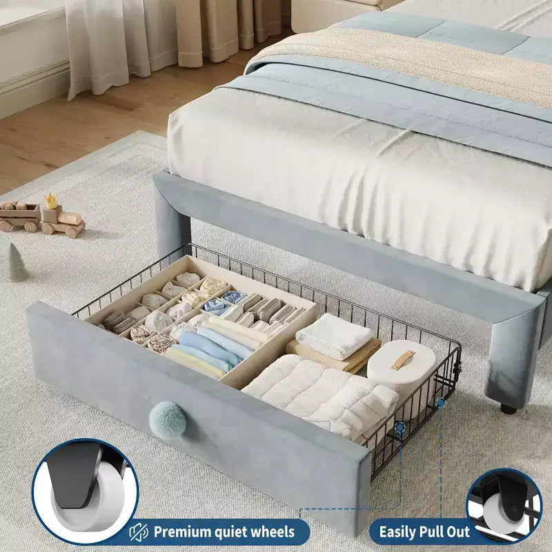 Struttura letto imbottita singola per bambini, beige/blu/rosa, con testiera a conchiglia e cassetto portaoggetti