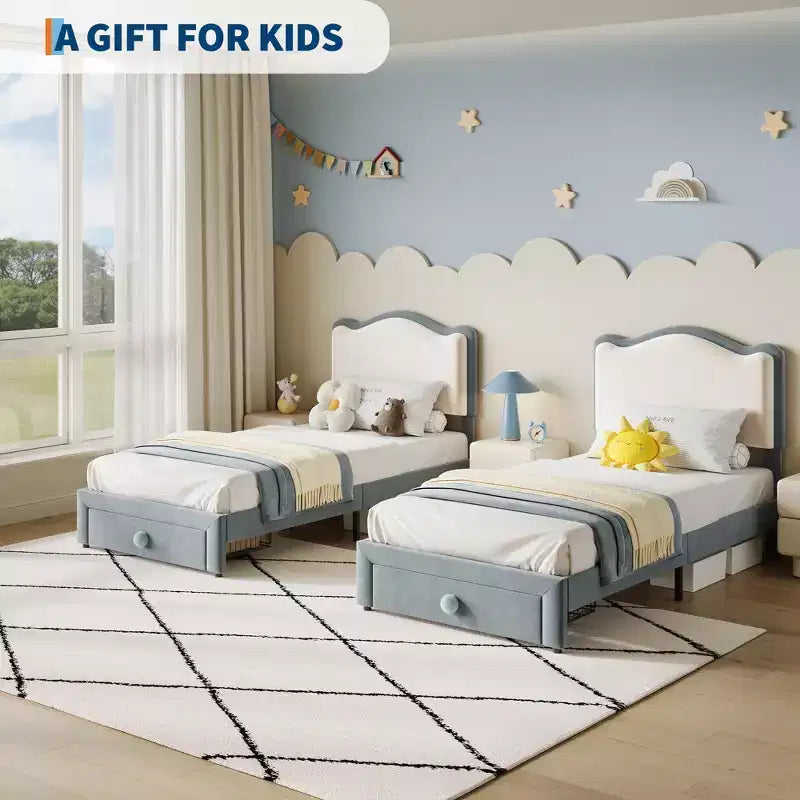 Struttura letto imbottita singola per bambini, beige/blu/rosa, con testiera a conchiglia e cassetto portaoggetti