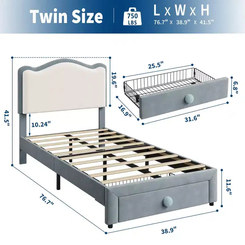 Struttura letto imbottita singola per bambini, beige/blu/rosa, con testiera a conchiglia e cassetto portaoggetti