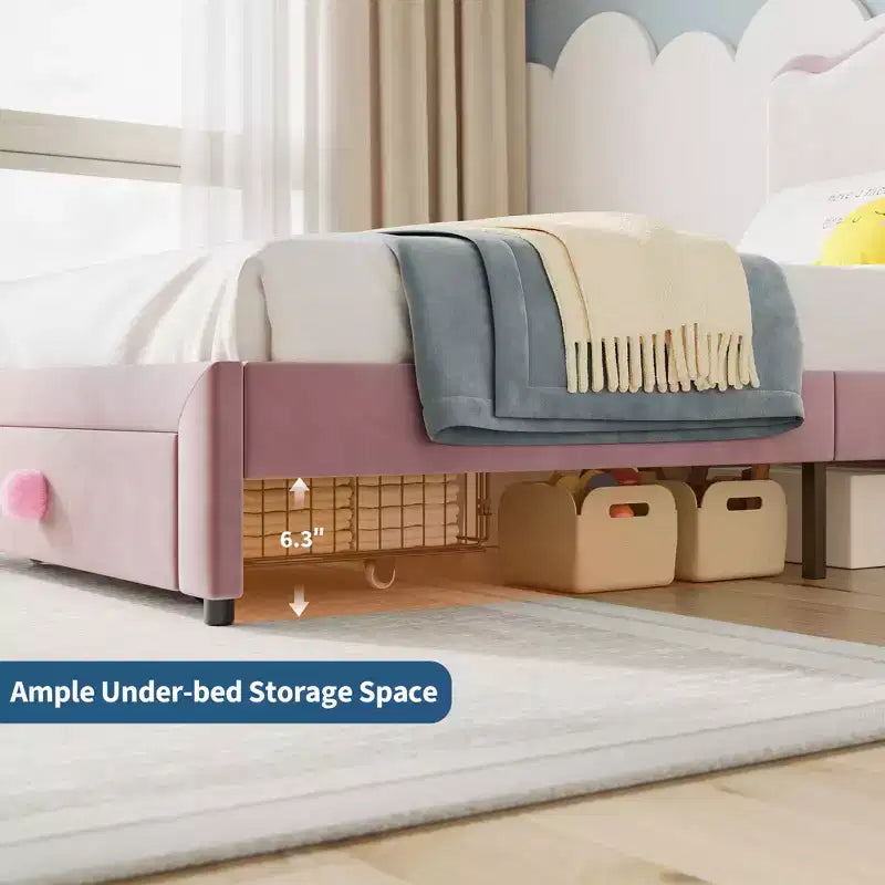 Struttura letto imbottita singola per bambini, beige/blu/rosa, con testiera a conchiglia e cassetto portaoggetti