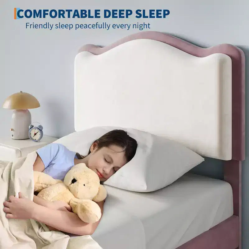 Struttura letto imbottita singola per bambini, beige/blu/rosa, con testiera a conchiglia e cassetto portaoggetti