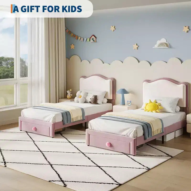 Struttura letto imbottita singola per bambini, beige/blu/rosa, con testiera a conchiglia e cassetto portaoggetti
