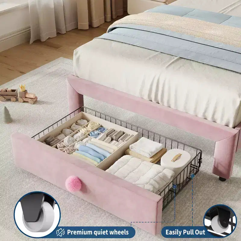 Struttura letto imbottita singola per bambini, beige/blu/rosa, con testiera a conchiglia e cassetto portaoggetti