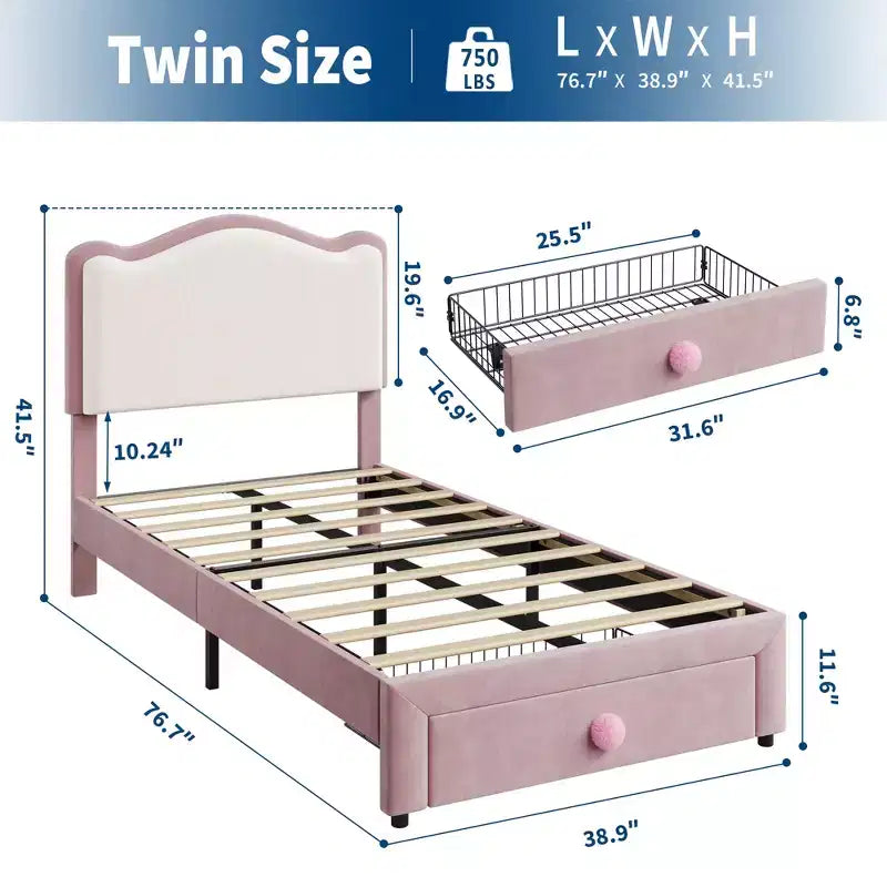 Struttura letto imbottita singola per bambini, beige/blu/rosa, con testiera a conchiglia e cassetto portaoggetti