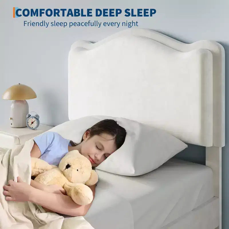 Struttura letto imbottita singola per bambini, beige/blu/rosa, con testiera a conchiglia e cassetto portaoggetti