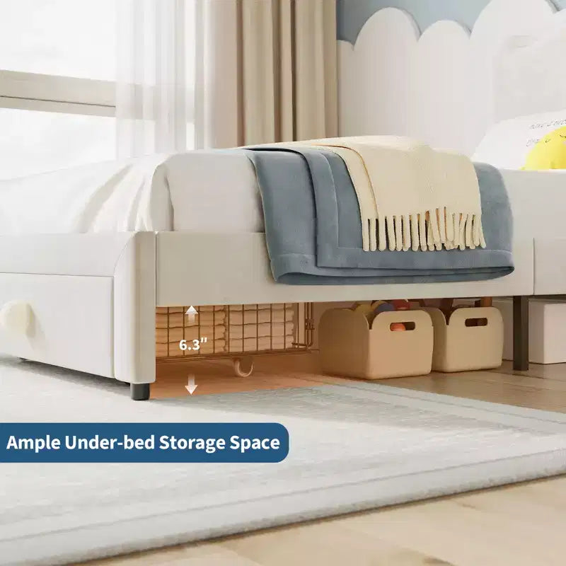 Struttura letto imbottita singola per bambini, beige/blu/rosa, con testiera a conchiglia e cassetto portaoggetti