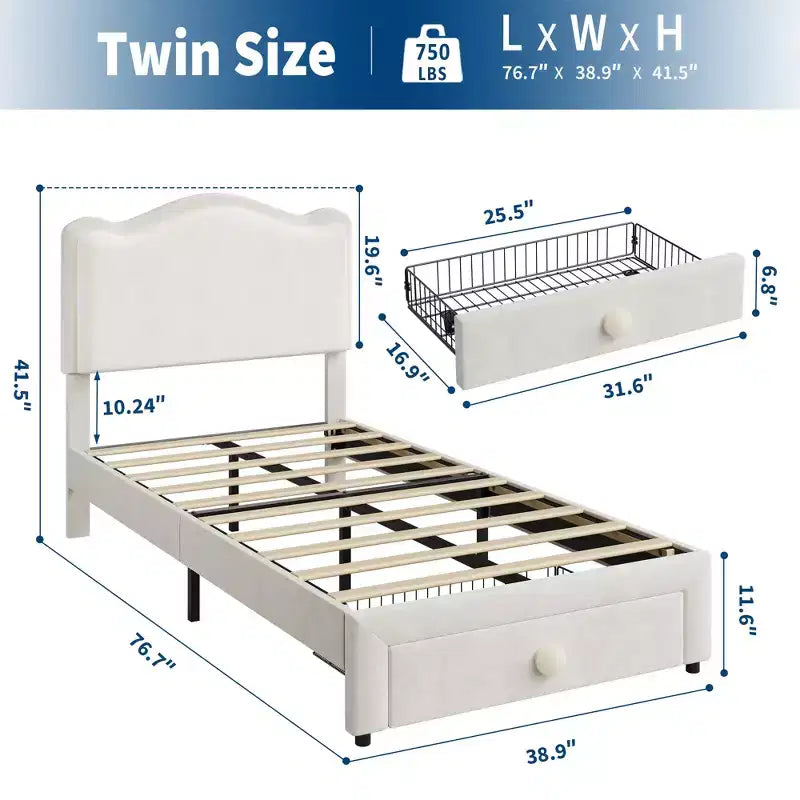 Struttura letto imbottita singola per bambini, beige/blu/rosa, con testiera a conchiglia e cassetto portaoggetti
