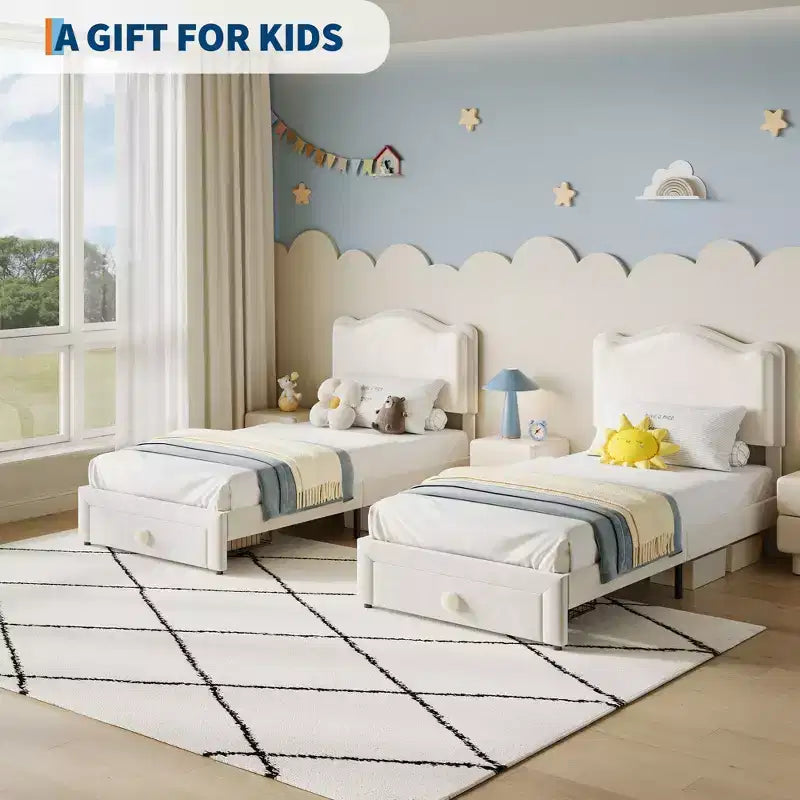 Struttura letto imbottita singola per bambini, beige/blu/rosa, con testiera a conchiglia e cassetto portaoggetti
