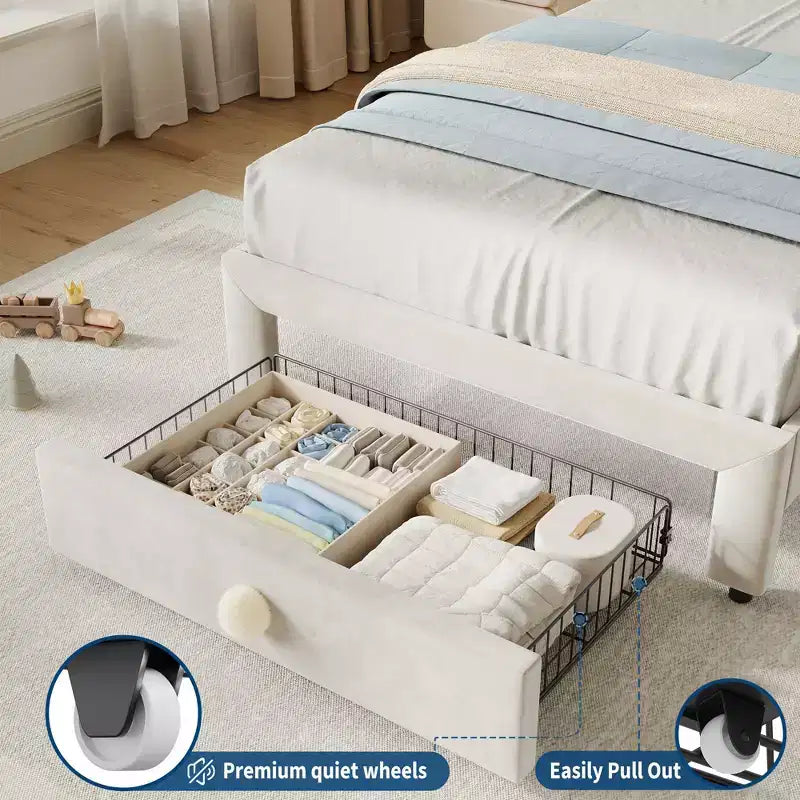 Struttura letto imbottita singola per bambini, beige/blu/rosa, con testiera a conchiglia e cassetto portaoggetti