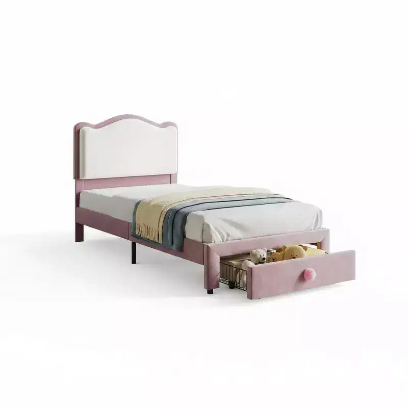 Struttura letto imbottita singola per bambini, beige/blu/rosa, con testiera a conchiglia e cassetto portaoggetti