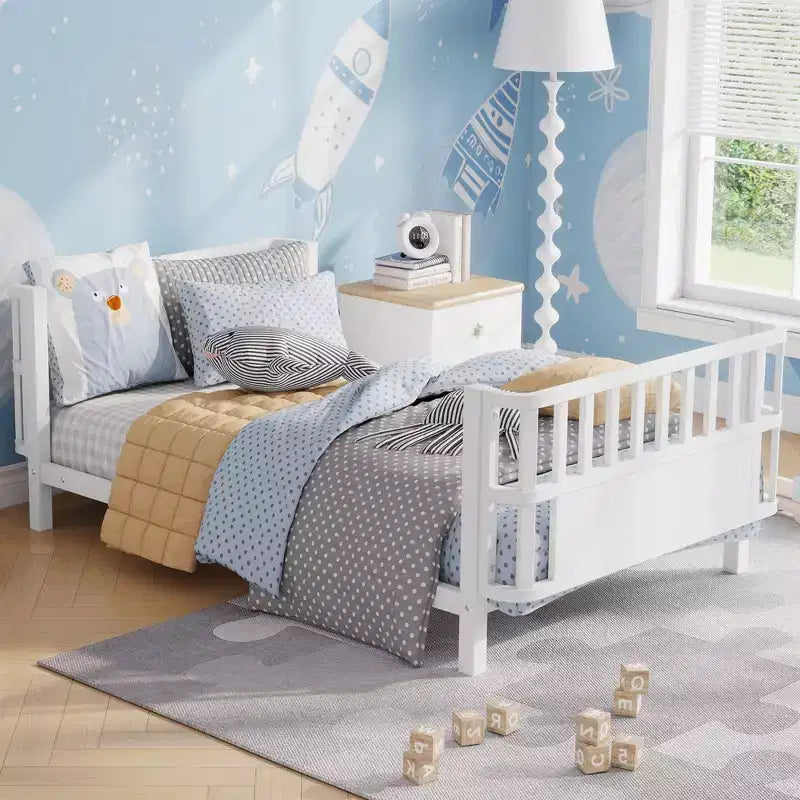 Letto a piattaforma singolo in metallo per bambini con sponde rimovibili – Nero / Bianco, 1 bambino